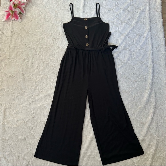 eye candy Pants - Eye Candy - Black Wide Leg Ribbed Fabric Button Detail Jumper Jumpsuit - Medium